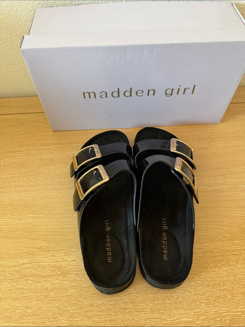 Madden Girl Black Slides with Gold Buckles